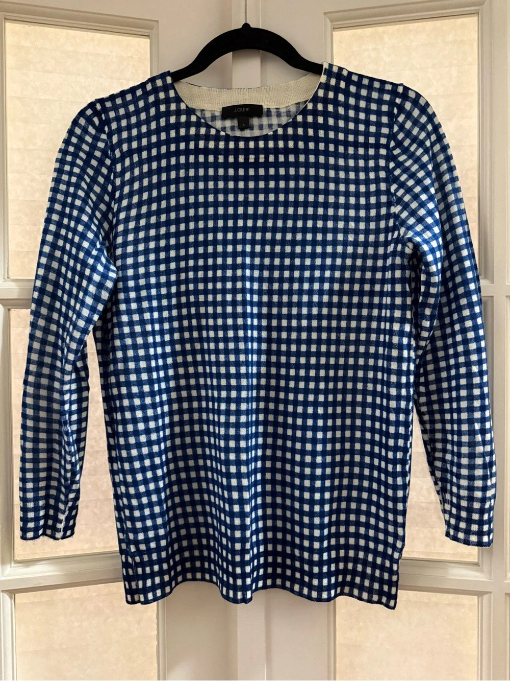 J. Crew Blue and White Gingham Crewneck Sweater
